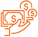 Orange icon of a hand holding money with dollar signs